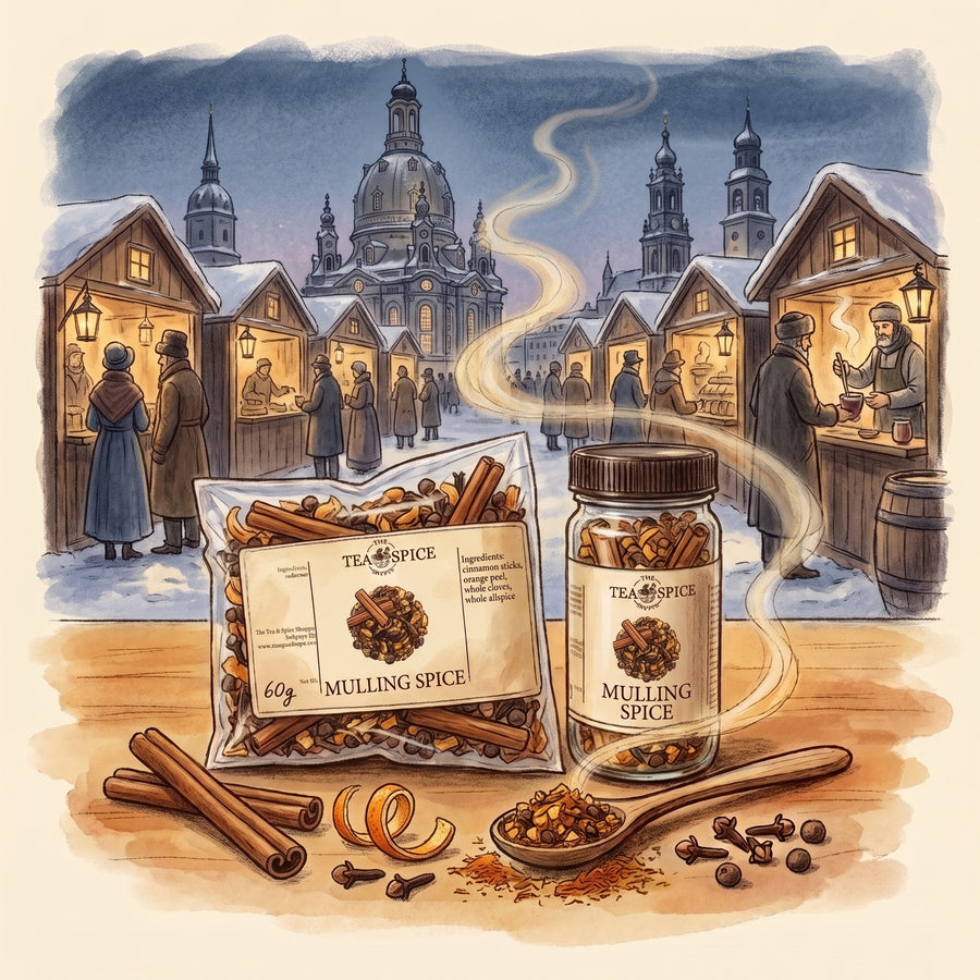 Illustration of Mulling Spice in The Tea & Spice Shoppe bag and jar, with the Striezelmarkt on Dresden's Altmarkt on a snowy evening in the 1800s