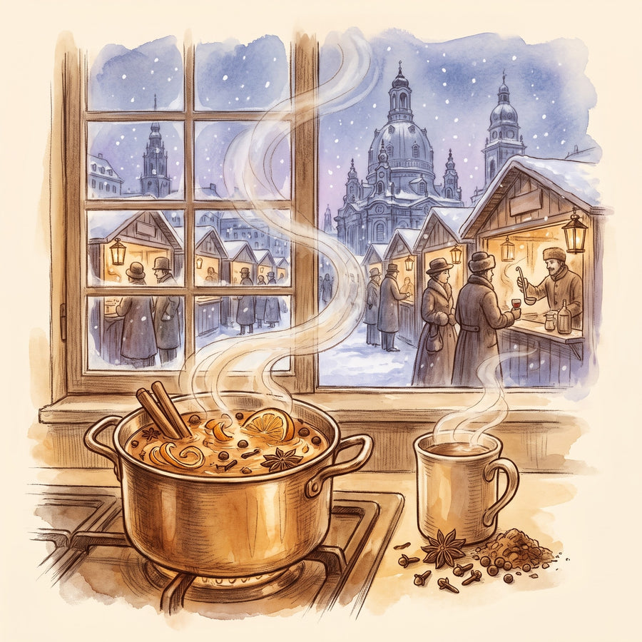 Illustration: Mulling Spice with the Striezelmarkt on Dresden's Altmarkt on a snowy evening in the 1800s