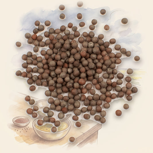 Mustard Seeds, Brown spice, shown over a chalk-and-watercolour illustration