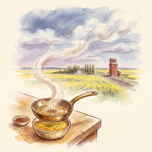 Illustration: Mustard Seeds, Brown with the Saskatchewan prairie in summer
