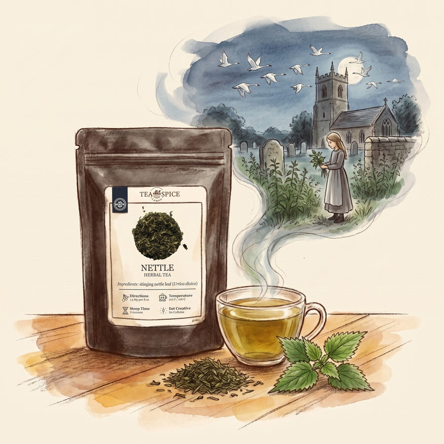 Illustration of Nettle, Organic in The Tea & Spice Shoppe pouch, with the world of Andersen's The Wild Swans