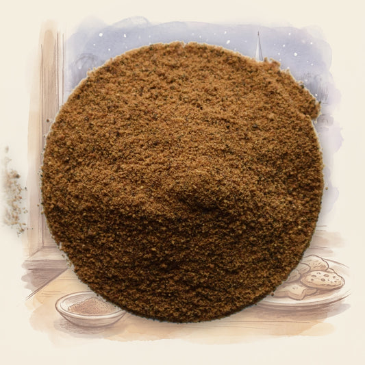 Nutmeg, Ground spice, shown over a chalk-and-watercolour illustration