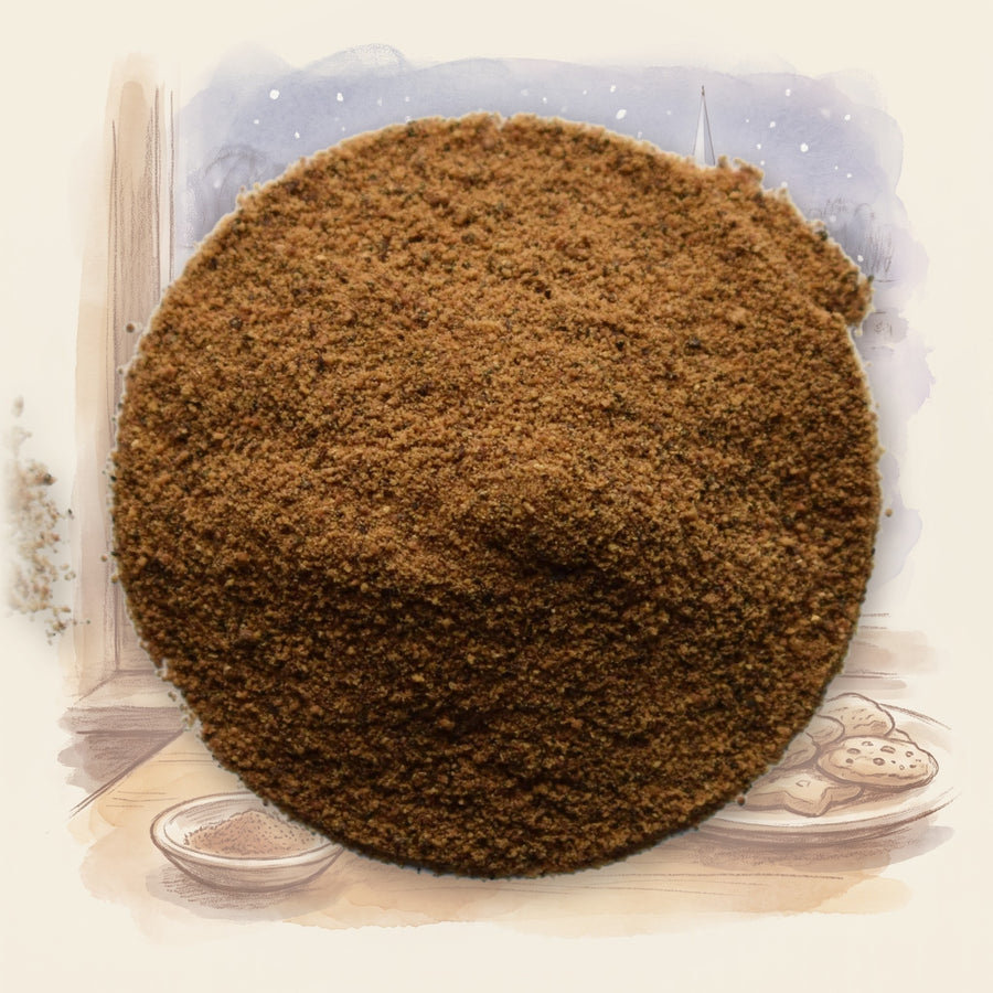 Nutmeg, Ground spice, shown over a chalk-and-watercolour illustration