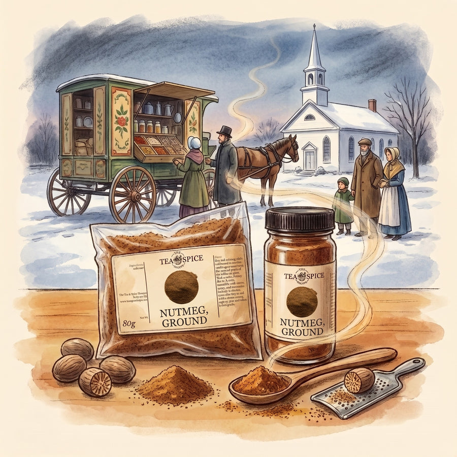 Illustration of Nutmeg, Ground in The Tea & Spice Shoppe bag and jar, with a snowy Connecticut village in the early 1800s