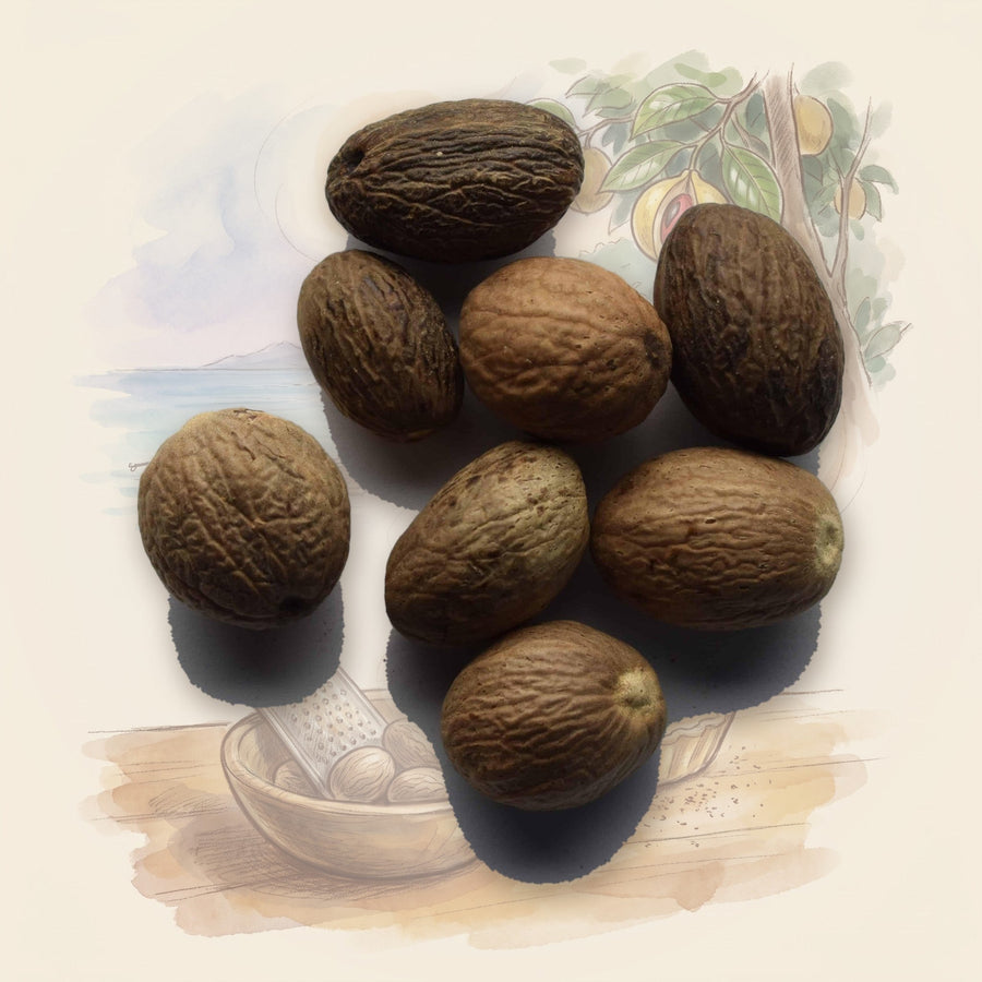 Nutmeg, Whole spice, shown over a chalk-and-watercolour illustration