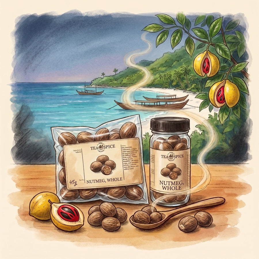 Illustration of Nutmeg, Whole in The Tea & Spice Shoppe bag and jar, with Pulau Ai in the Banda Islands long ago
