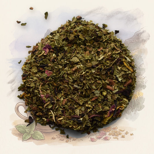 On The Wharf, Organic loose leaf tea, shown over a chalk-and-watercolour illustration