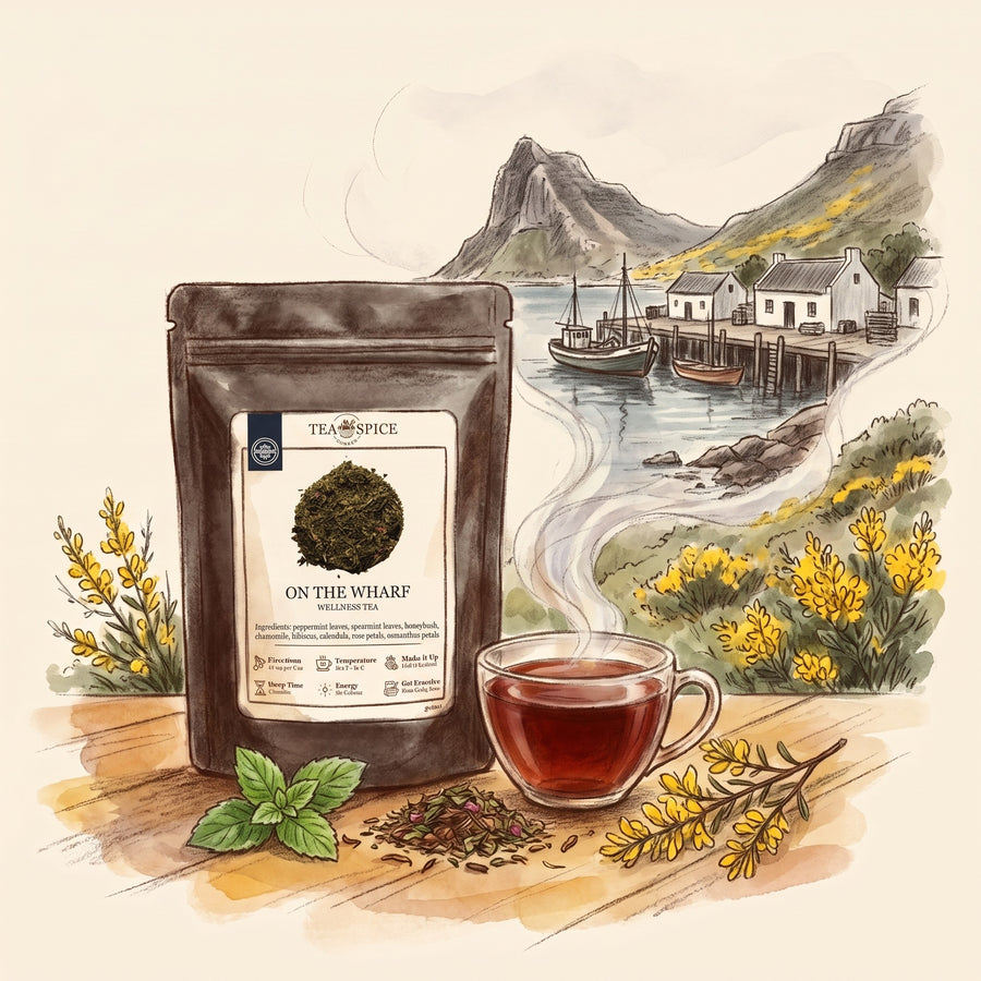 Illustration of On The Wharf, Organic in The Tea & Spice Shoppe pouch, with Hout Bay on the Cape Peninsula in the 1840s