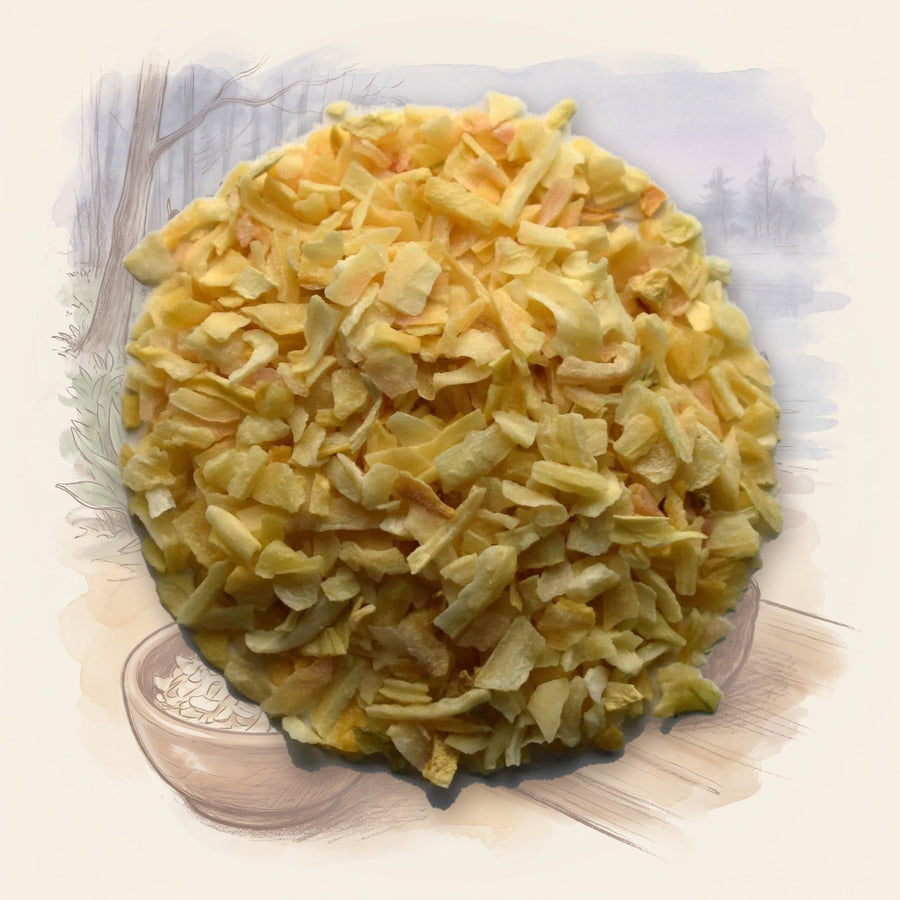 Onion, Minced spice, shown over a chalk-and-watercolour illustration