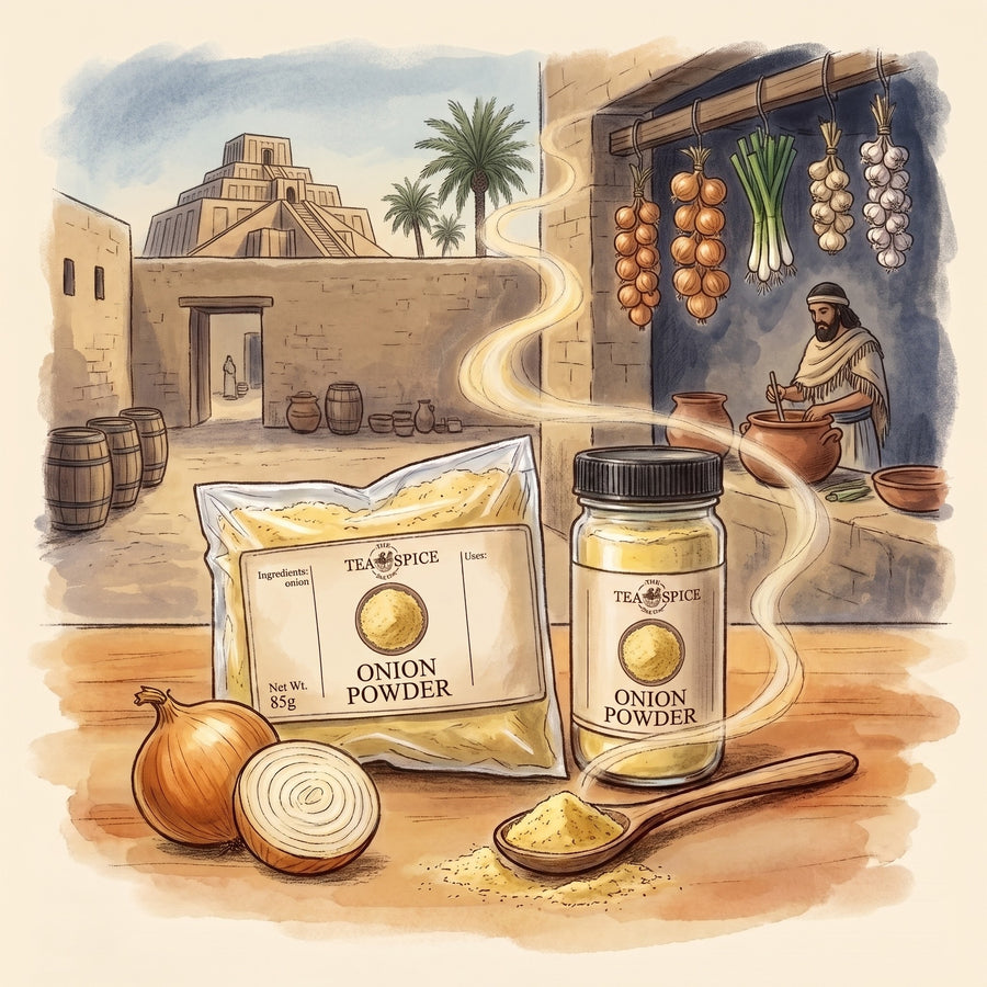 Illustration of Onion, Powder in The Tea & Spice Shoppe bag and jar, with a Mesopotamian courtyard kitchen nearly four thousand years ago