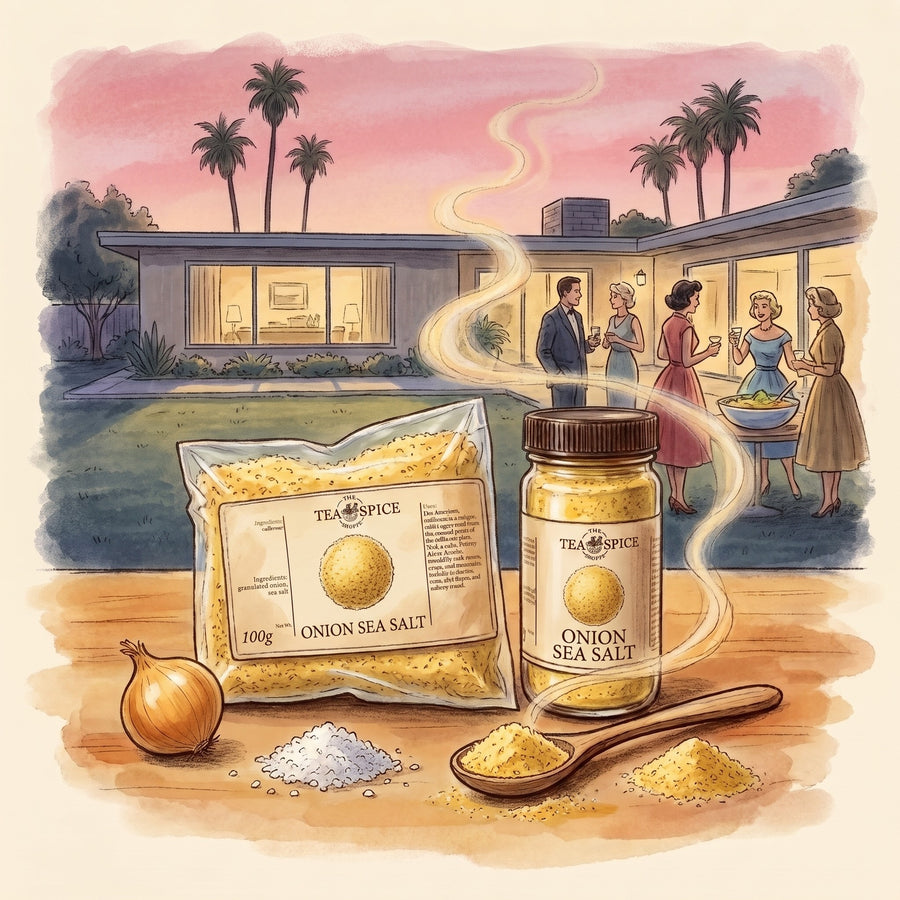 Illustration of Onion Sea Salt in The Tea & Spice Shoppe bag and jar, with a Los Angeles backyard party in the mid-1950s