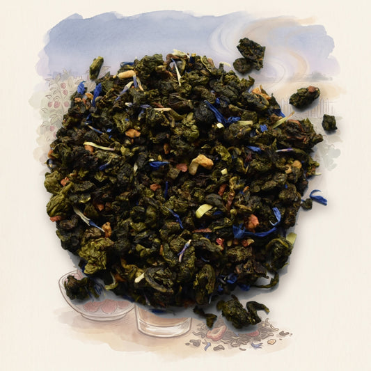 Oolong Berry Blend loose leaf tea, shown over a chalk-and-watercolour illustration