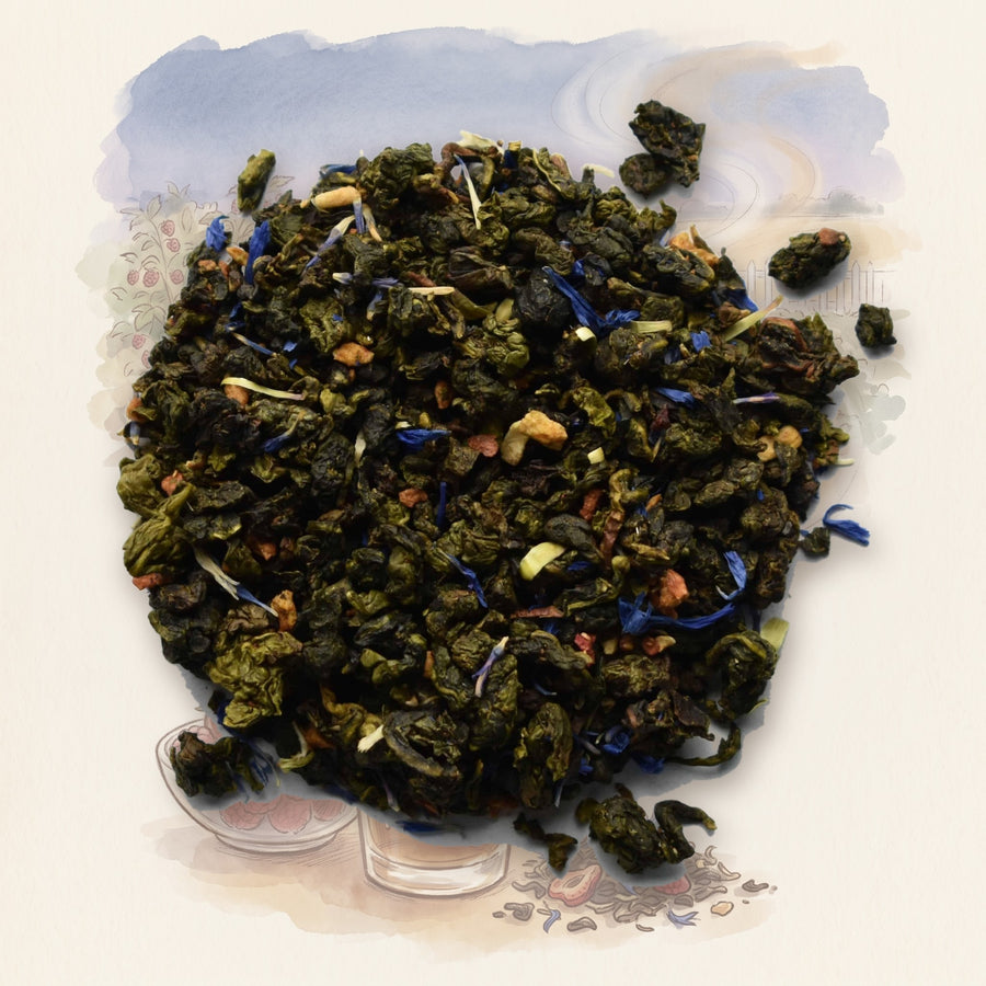 Oolong Berry Blend loose leaf tea, shown over a chalk-and-watercolour illustration