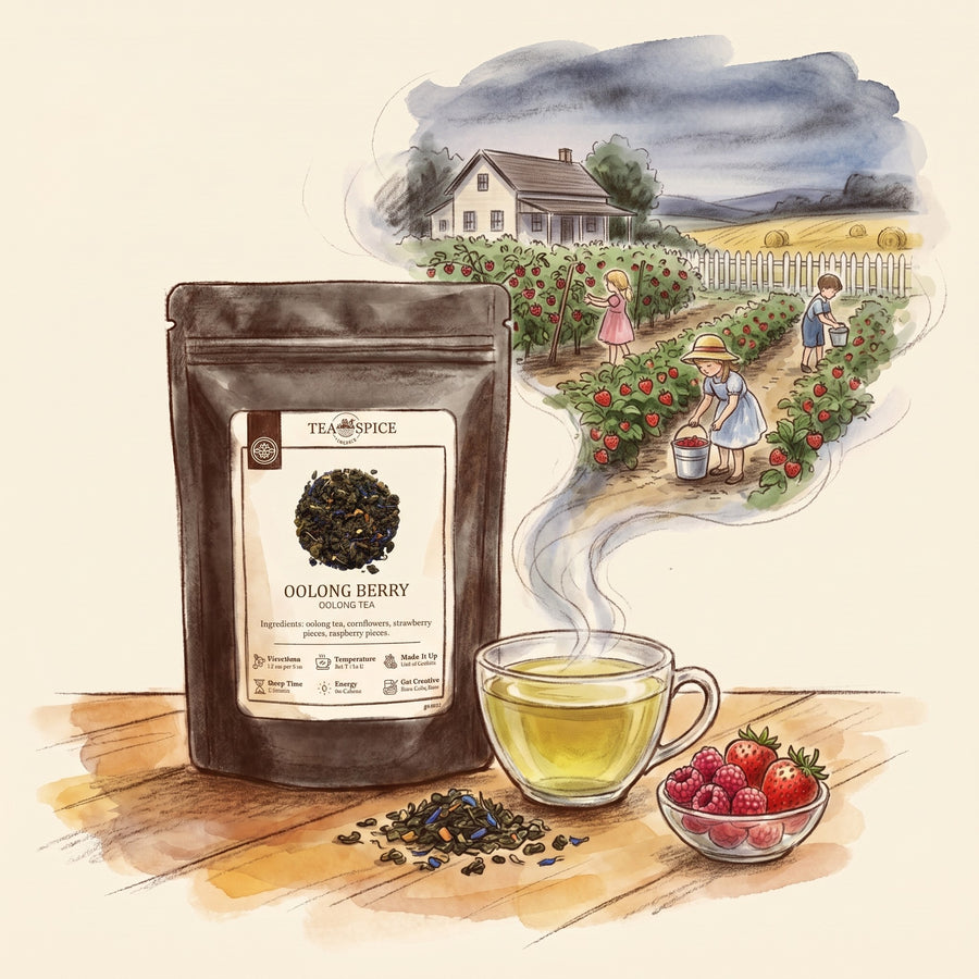 Illustration of Oolong Berry Blend in The Tea & Spice Shoppe pouch, with a family berry patch in July long ago