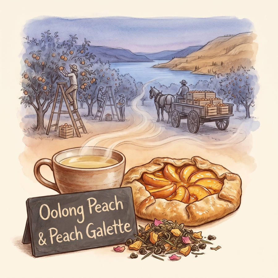 Illustration: a cup of Oolong Peach tea with a peach galette
