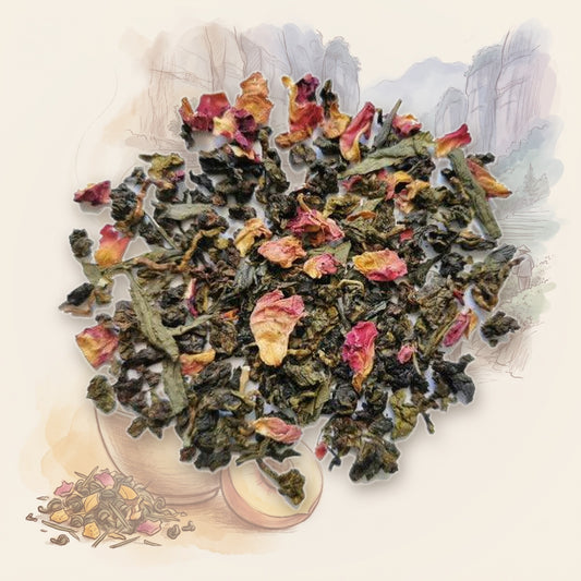 Oolong Peach loose leaf tea, shown over a chalk-and-watercolour illustration