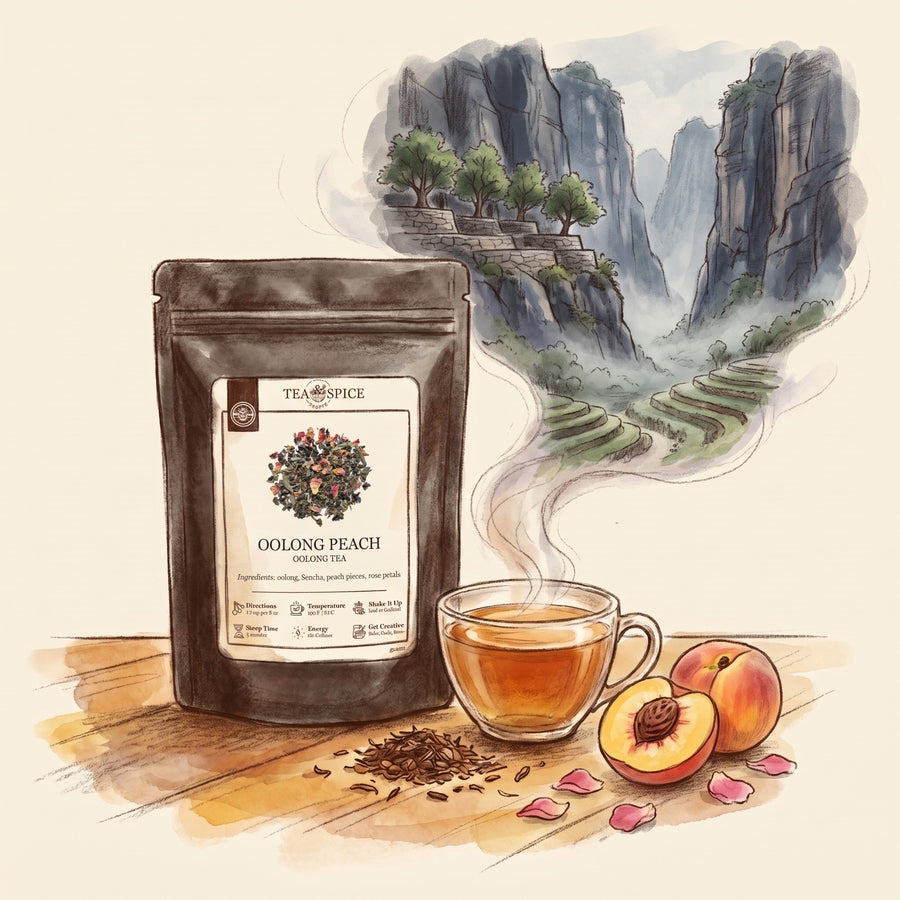 Illustration of Oolong Peach in The Tea & Spice Shoppe pouch, with the Wuyi Mountains of Fujian at Jiulongyu