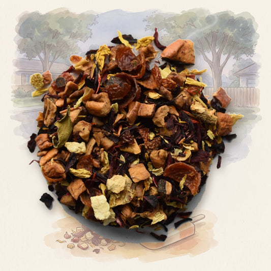 Orange Creamsicle loose leaf tea, shown over a chalk-and-watercolour illustration