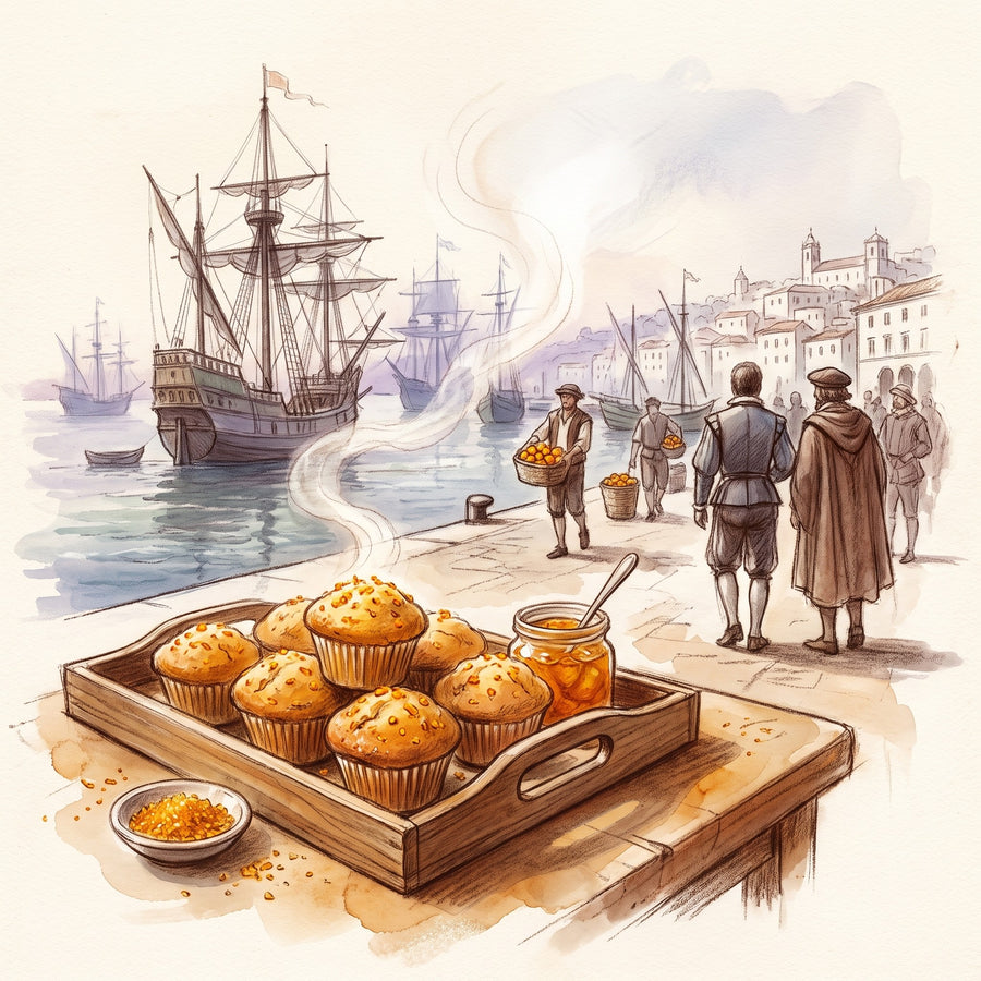 Illustration: Orange Peel, Granules with the harbour of Lisbon around 1500