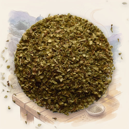 Oregano, Mediterranean spice, shown over a chalk-and-watercolour illustration