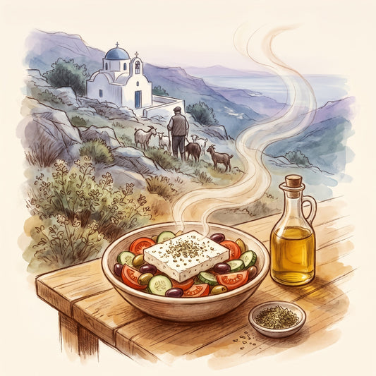 Illustration: Oregano, Mediterranean with a Greek mountainside in summer
