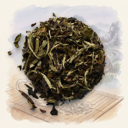 Pai Mu Tan, Organic loose leaf tea, shown over a chalk-and-watercolour illustration
