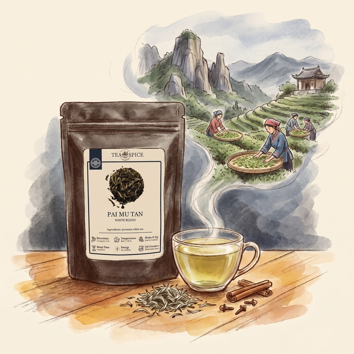 Illustration of Pai Mu Tan, Organic in The Tea & Spice Shoppe pouch, with Taimu Mountain in Fuding, north-east Fujian