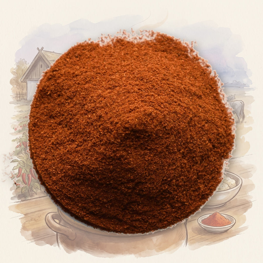 Paprika, Hungarian spice, shown over a chalk-and-watercolour illustration
