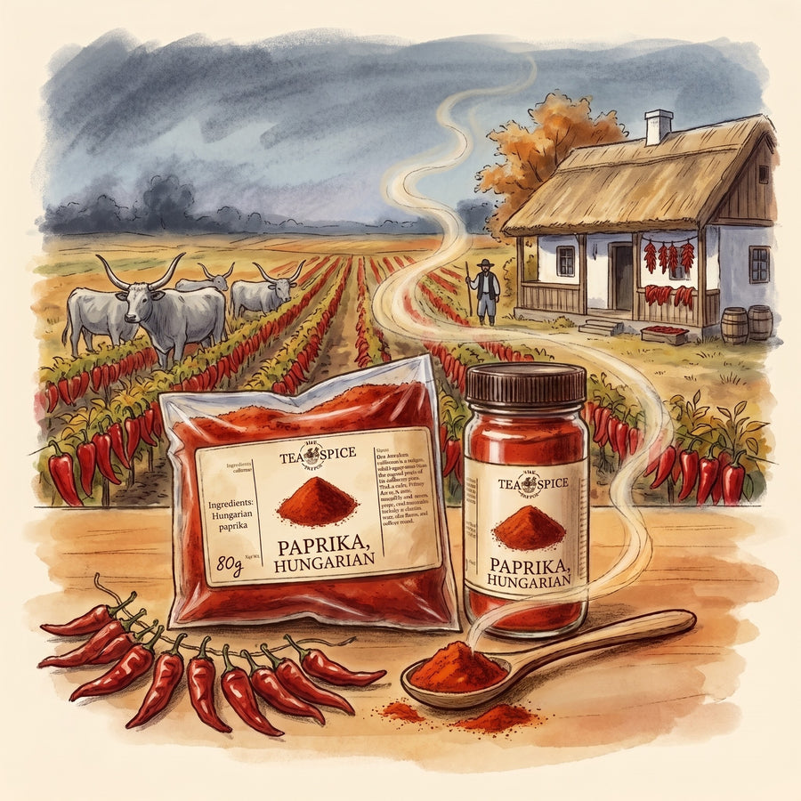 Illustration of Paprika, Hungarian in The Tea & Spice Shoppe bag and jar, with the paprika country around Szeged on the Great Hungarian Plain in autumn