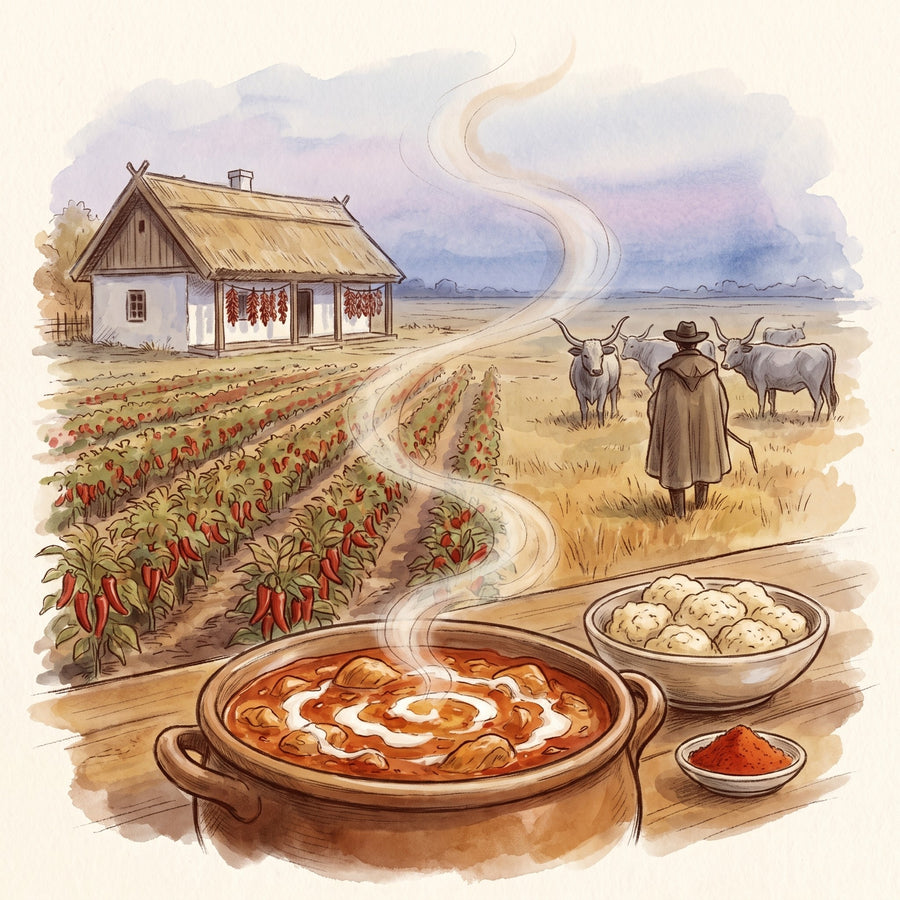 Illustration: Paprika, Hungarian with the paprika country around Szeged on the Great Hungarian Plain in autumn