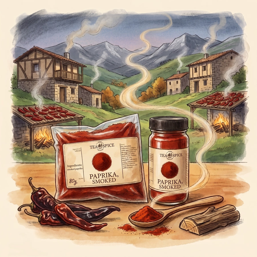 Illustration of Paprika, Smoked in The Tea & Spice Shoppe bag and jar, with La Vera in Extremadura at the autumn smoking season