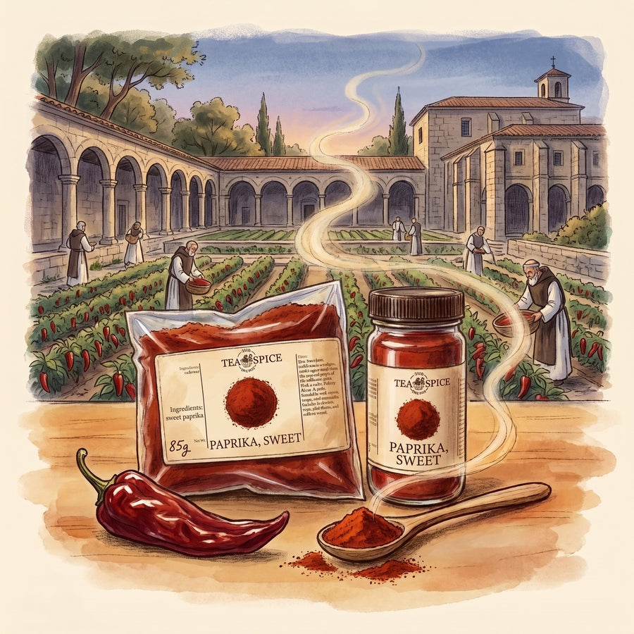 Illustration of Paprika, Sweet in The Tea & Spice Shoppe bag and jar, with the Hieronymite monastery of Yuste in Extremadura in the 1500s