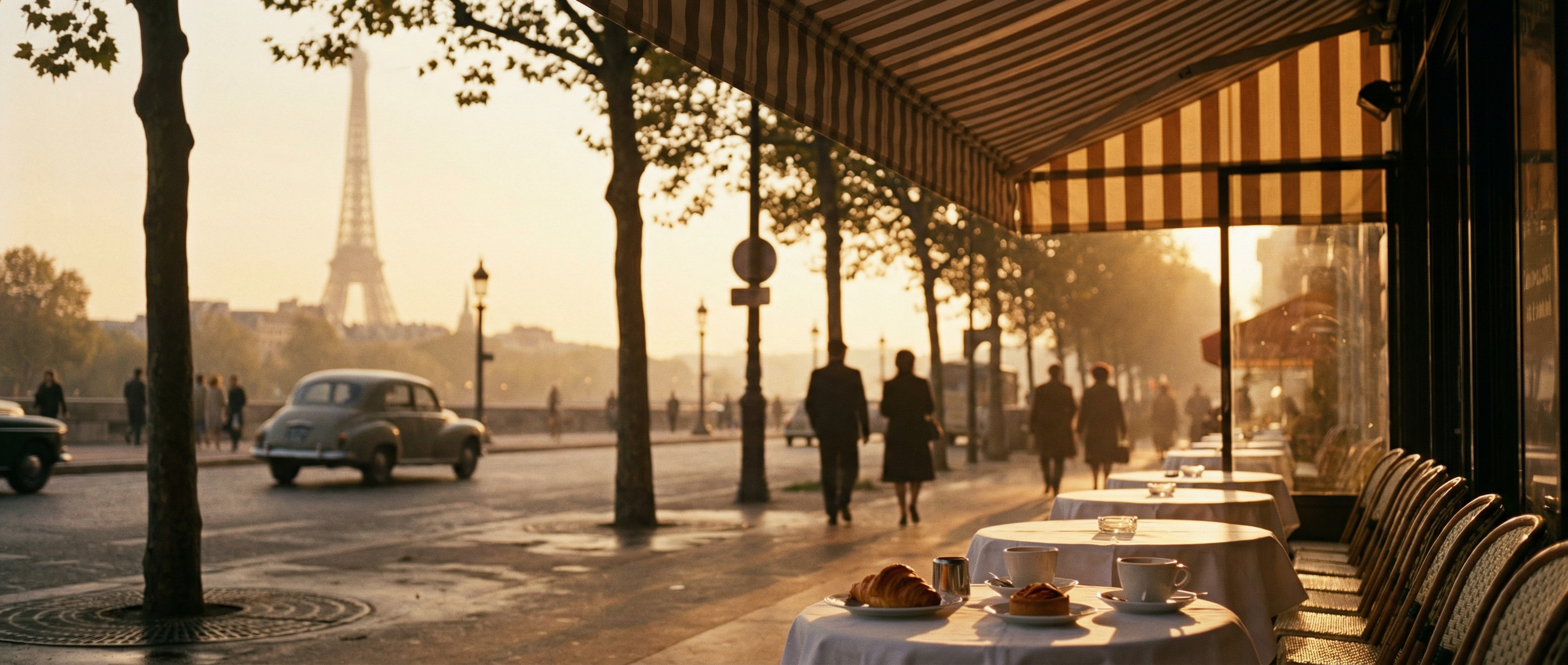 Street scene with Eiffel Tower in the background, featuring a cafe with outdoor seating.