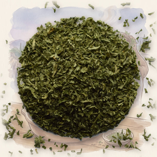 Parsley Flakes spice, shown over a chalk-and-watercolour illustration