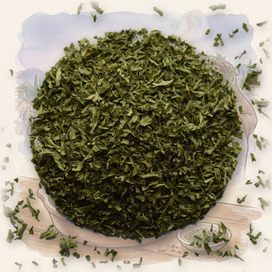 Parsley Flakes spice, shown over a chalk-and-watercolour illustration