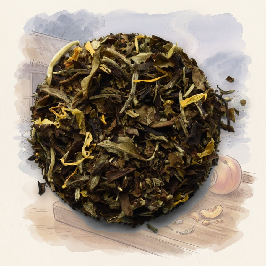 Peach White, Organic loose leaf tea, shown over a chalk-and-watercolour illustration