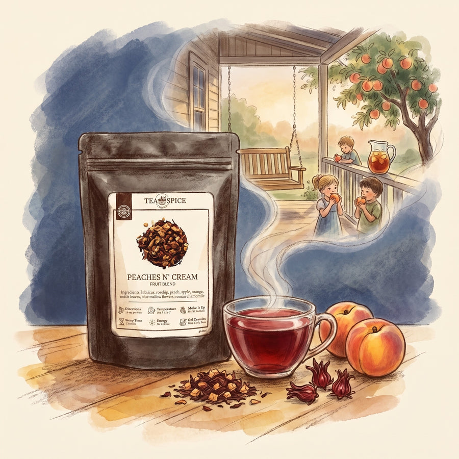 Illustration of Peaches 'n' Cream in The Tea & Spice Shoppe pouch, with a farmhouse summer porch from long ago