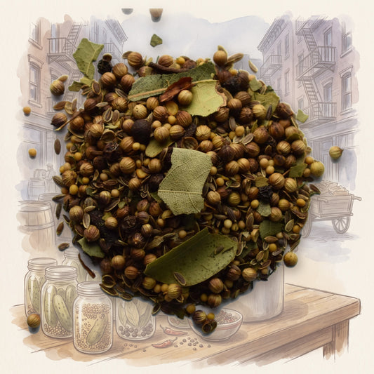 Pickling Spice spice, shown over a chalk-and-watercolour illustration