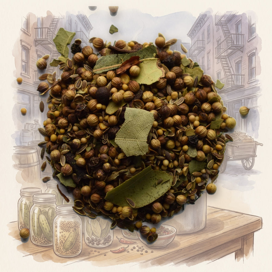 Pickling Spice spice, shown over a chalk-and-watercolour illustration