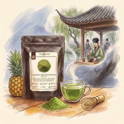 Illustration of Pineapple, Pineapple Matcha, Organic in The Tea & Spice Shoppe pouch, with a Song-dynasty garden pavilion in China around 1100