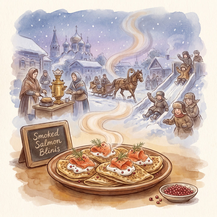 Illustration: Smoked Salmon Blinis, made with Peppercorns, Pink