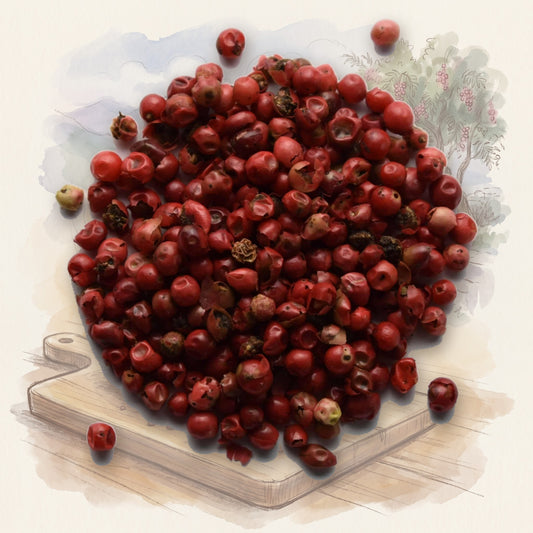 Peppercorns, Pink spice, shown over a chalk-and-watercolour illustration