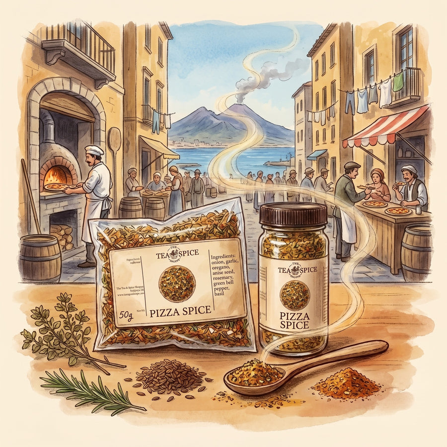 Illustration of Pizza Spice Blend in The Tea & Spice Shoppe bag and jar, with a Naples street in the 1800s