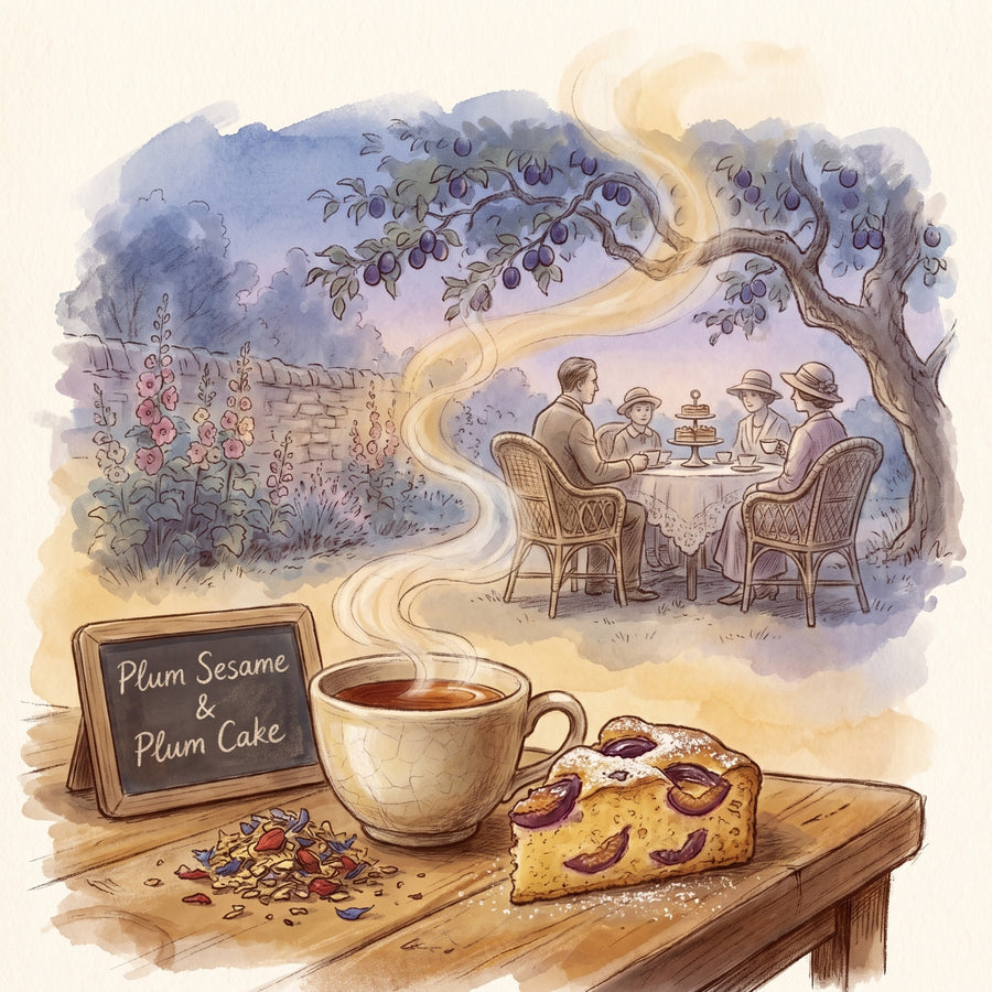 Illustration: a cup of Plum Sesame tea with plum cake
