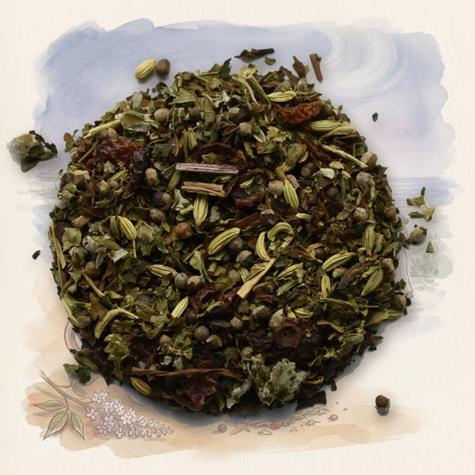 PMS Tea, Organic loose leaf tea, shown over a chalk-and-watercolour illustration