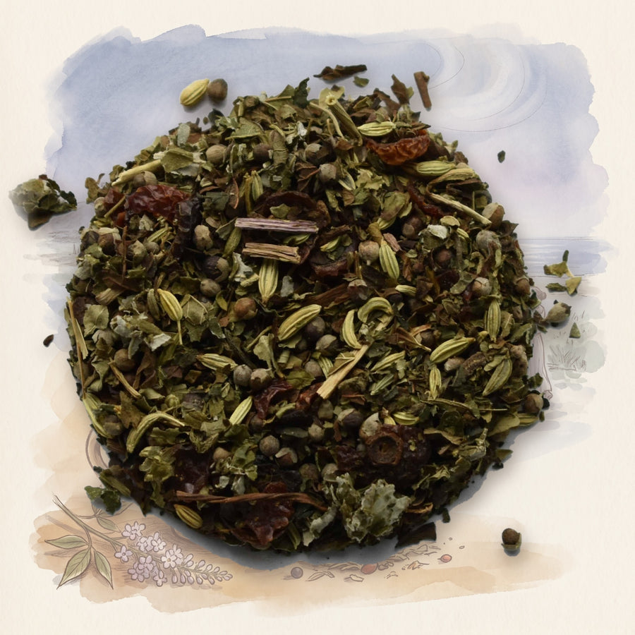PMS Tea, Organic loose leaf tea, shown over a chalk-and-watercolour illustration