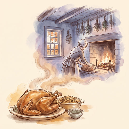 Illustration: Poultry Seasoning with a New England farmhouse kitchen in the 1790s