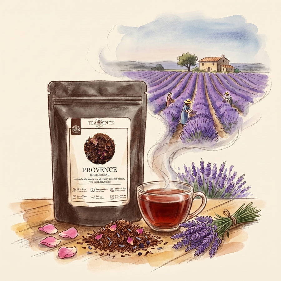 Illustration of Provence, Organic in The Tea & Spice Shoppe pouch, with the Valensole plateau in Provence in early July