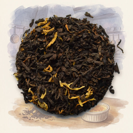 Pu-erh, Crème Brûlée loose leaf tea, shown over a chalk-and-watercolour illustration