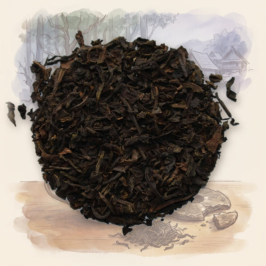 Pu-erh, Three-Year Vintage, Organic loose leaf tea, shown over a chalk-and-watercolour illustration